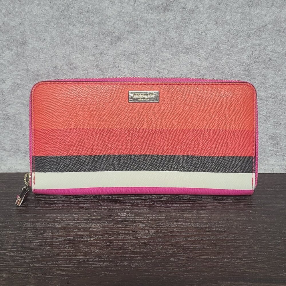 EUC Kate Spade Bold Color Striped Zip-around Wallet Red Pink Black White Leather